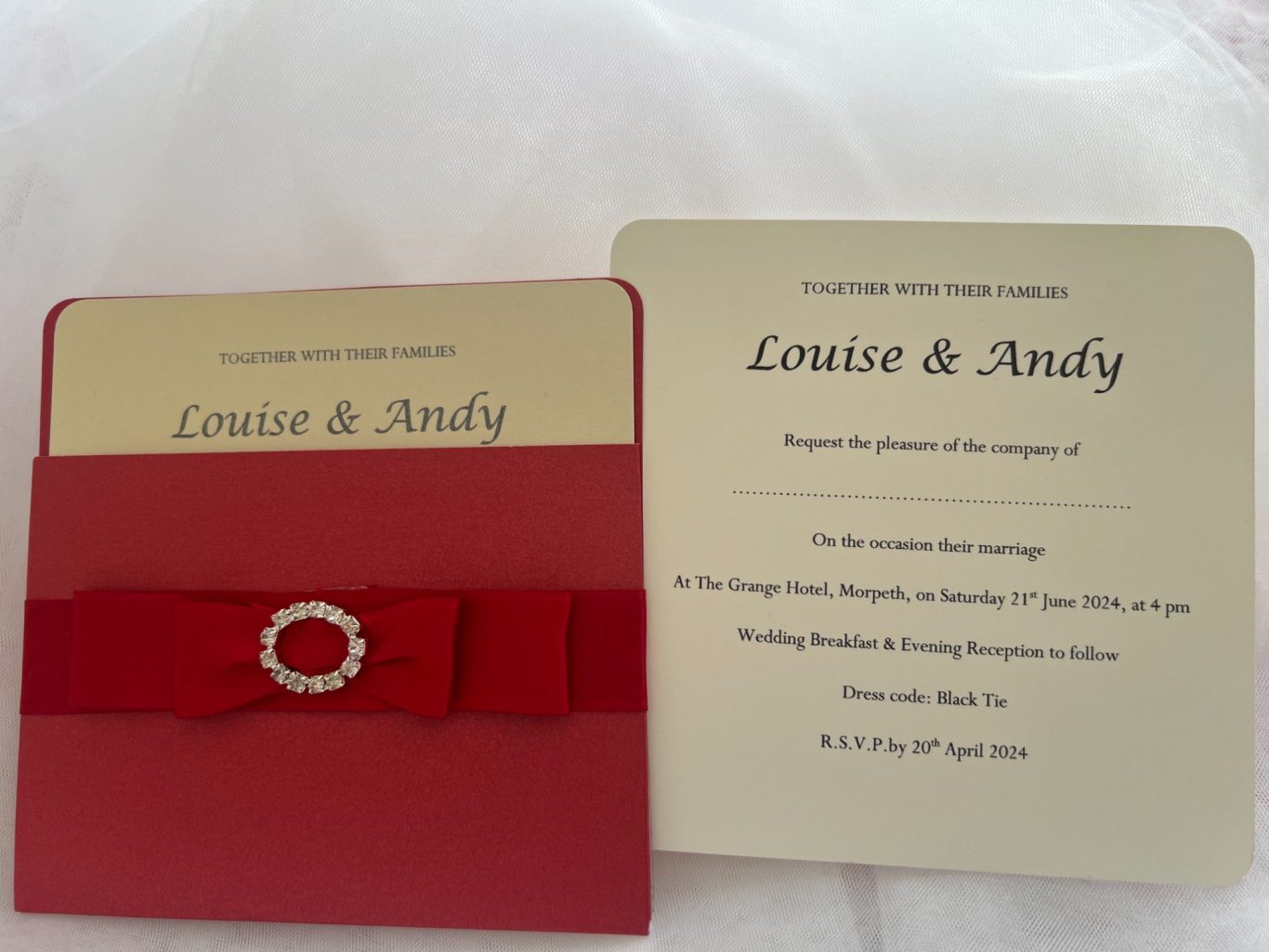 Red pocket with ivory or white insert