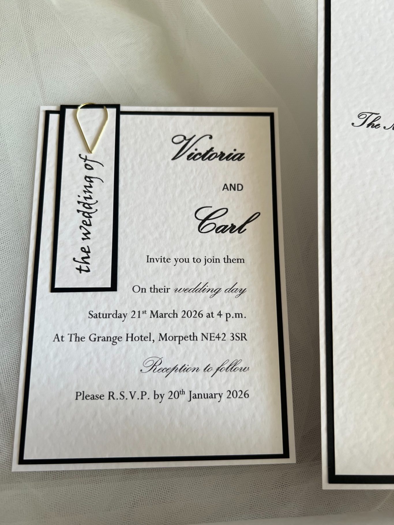 Invitation with gold tone clip £2.50 including reply card/envelope