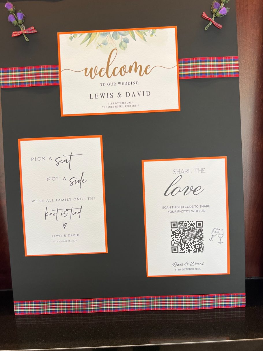 Black A1 foam board with white, orange and tartan trims.