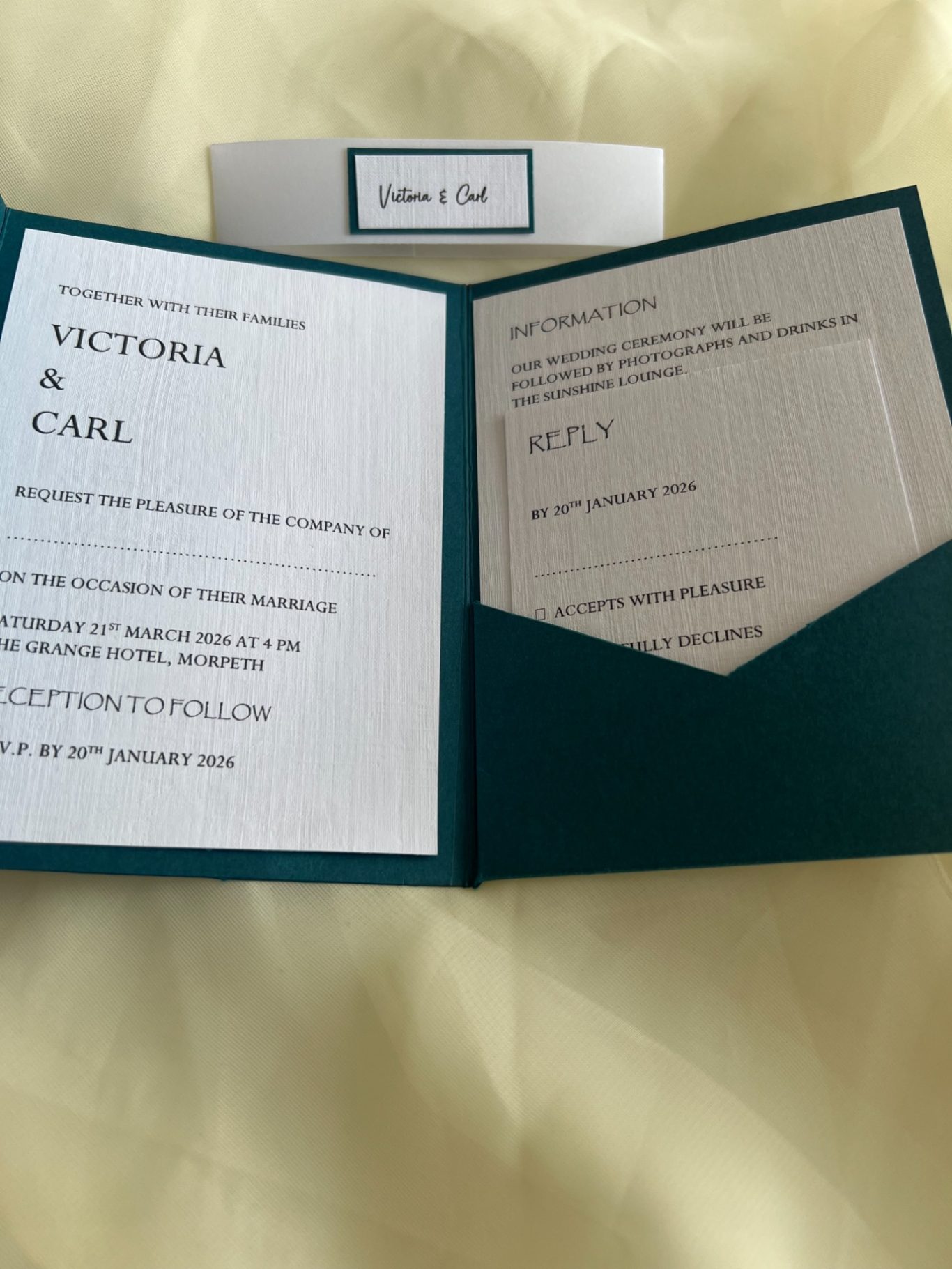 Invitation, guest information card, reply card/envelope.