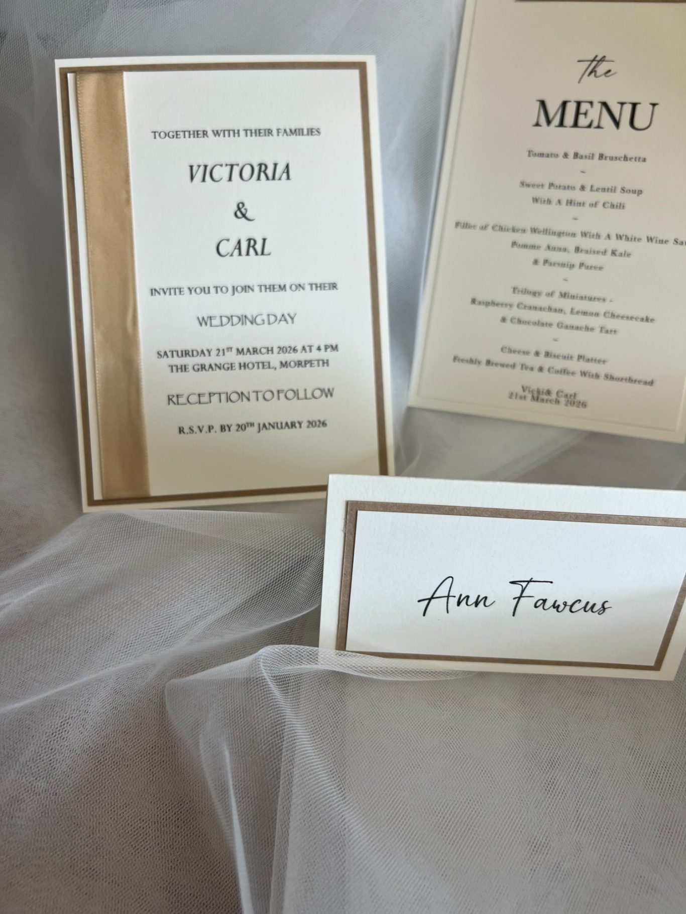 Invitation with flat satin ribbon £2.00 including reply card/envelope