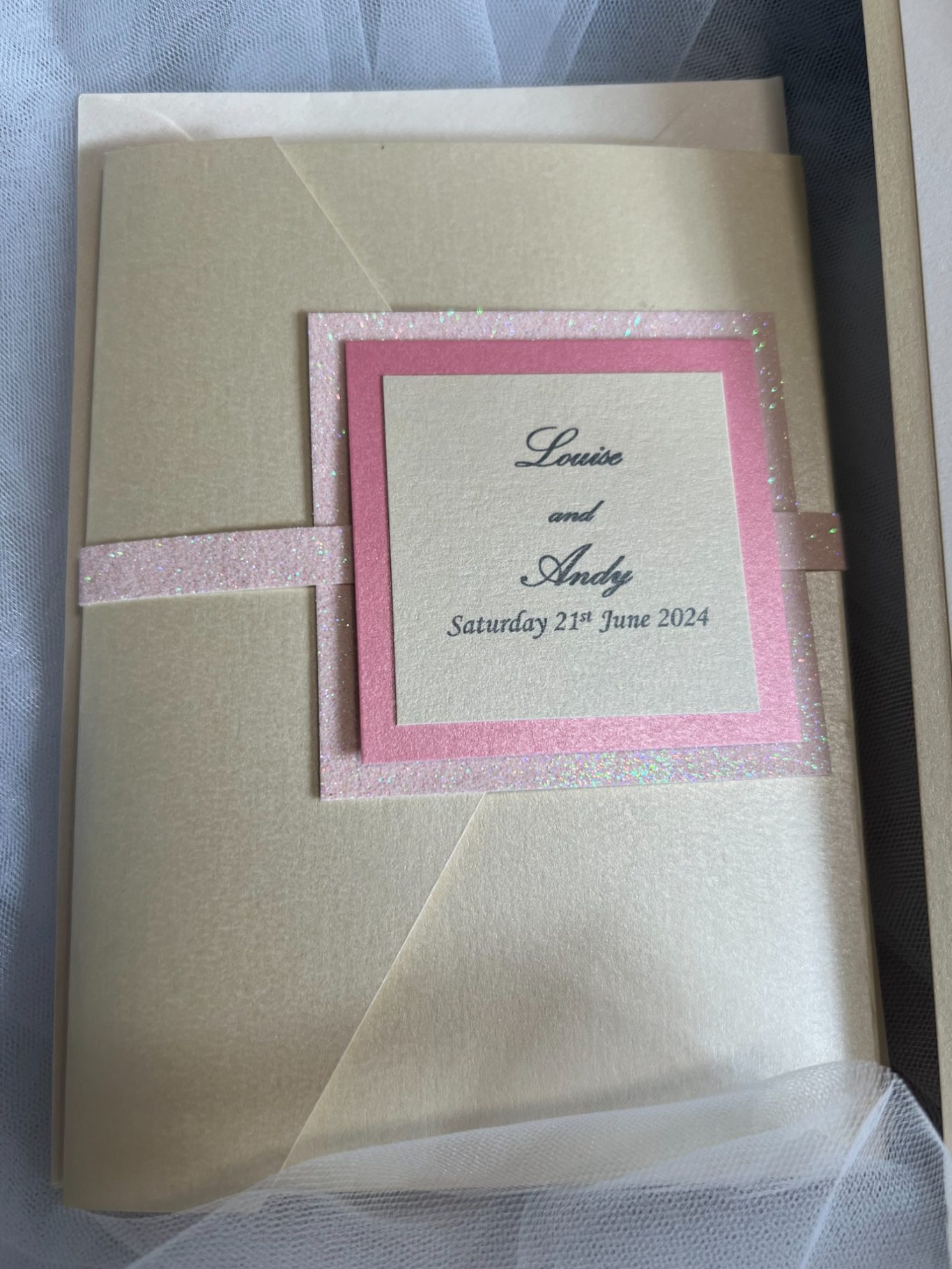 Pocketfold with pink glitter trim £4.75 including guest information card, reply card/envelope